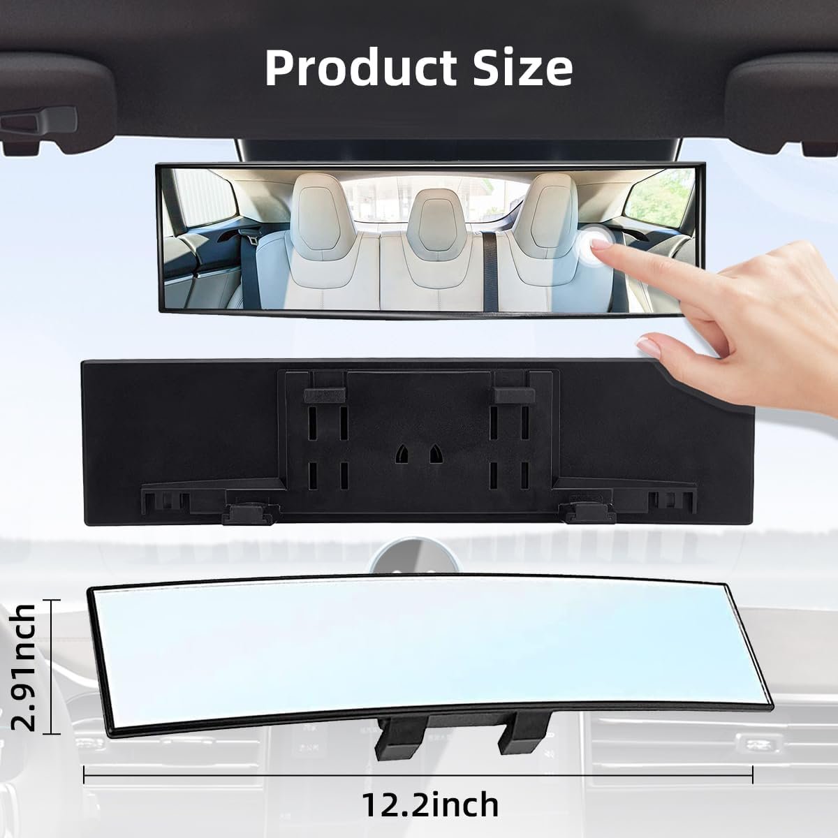 Car Rear View Mirror, Anti Glare Wide Angle Auto Inside Rearview Mirror, 12.2'' Panoramic Convex Rearview Mirror Mounted on Windshield, Universal Accessories for Most Cars (Silver#3) - Image 2