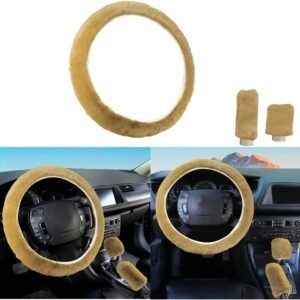 3 Pieces Car Steering Wheel Cover Anti-Slip, Universal Plush Telescopic Steering Wheel Protector, Universal Plush Telescopic Steering Wheel Protection, Warm Steering Wheel Cover, Handbrake