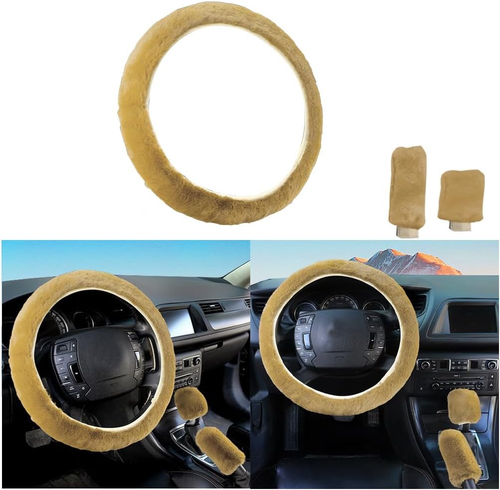 3 Pieces Car Steering Wheel Cover Anti-Slip, Universal Plush Telescopic Steering Wheel Protector, Universal Plush Telescopic Steering Wheel Protection, Warm Steering Wheel Cover, Handbrake