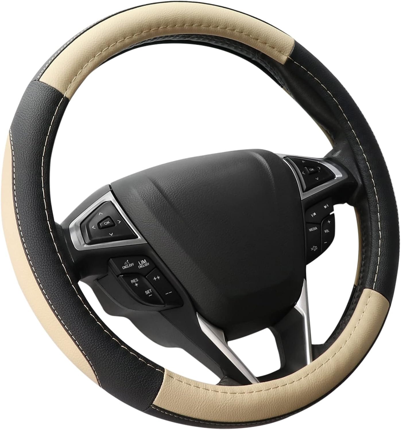 Black and Beige Microfiber Leather Steering Wheel Cover 15.5" - 16"