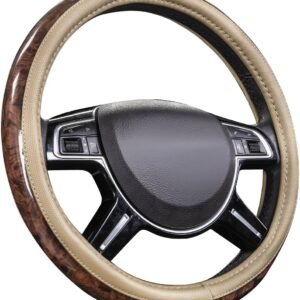 Universal Fit Full Wood Grain Leather Steering Wheel Covers Fit for Suvs,Trucks,Sedans, Anti-Slip Design … (Beige)