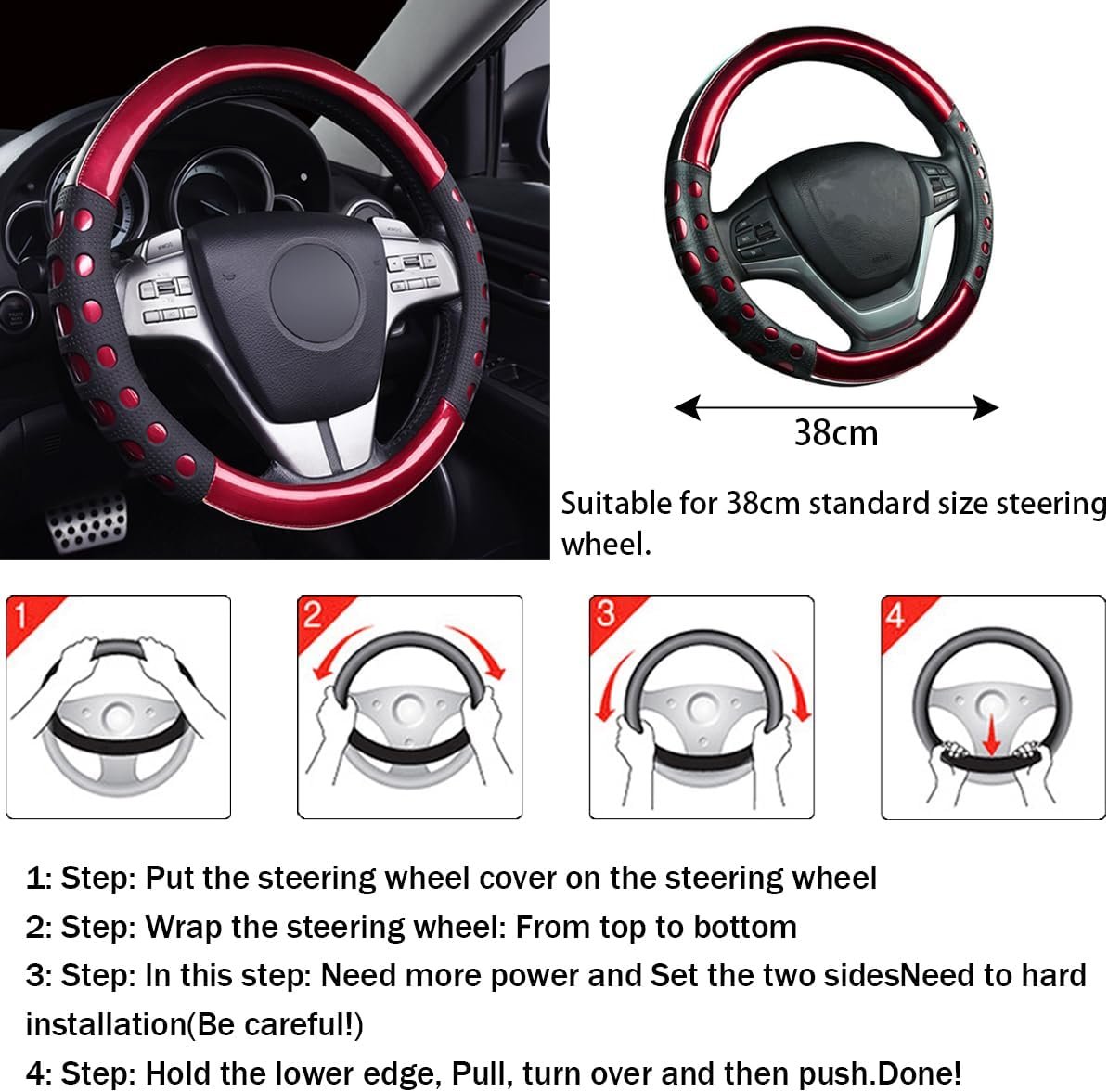 Car Steering Wheel Cover, Microfibre Leather Steering Wheel Cover, Non-Slip Universal 38 cm Steering Wheel Cover, Steering Wheel Cover, Laser Brushed Leather (Red) - Image 2