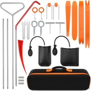 25PC Car Tool Kit - Stainless Steel Tools with 68" Hook & Air Pump, Portable Case for Emergency Repairs