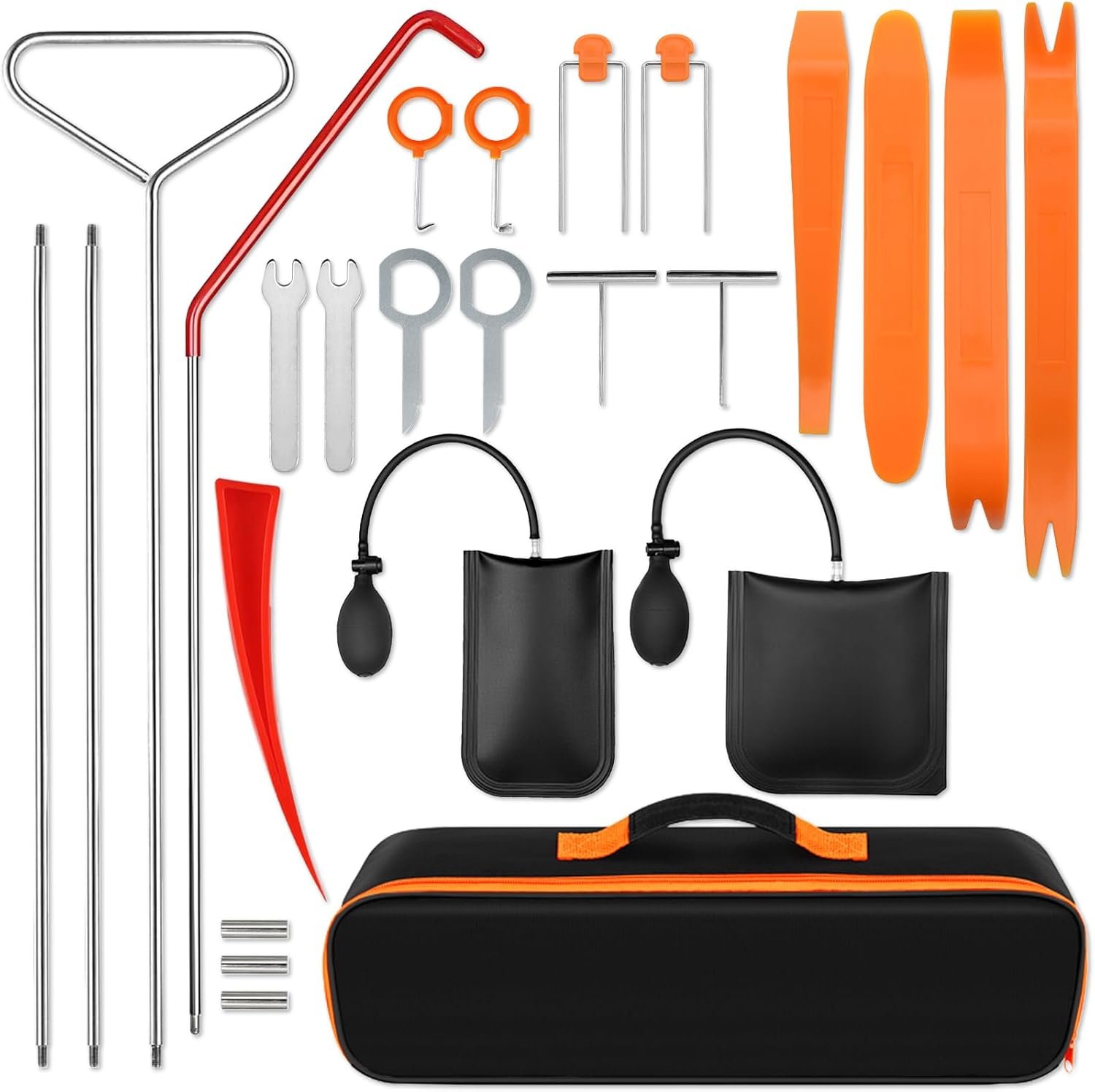 25PC Car Tool Kit - Stainless Steel Tools with 68" Hook & Air Pump, Portable Case for Emergency Repairs