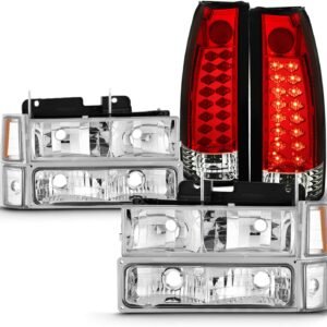 - Fits 1994-1998 C/K 1500 2500 3500  Chrome Headlights + Corner + Signal Lamp + LED Red Tail Lights Pair