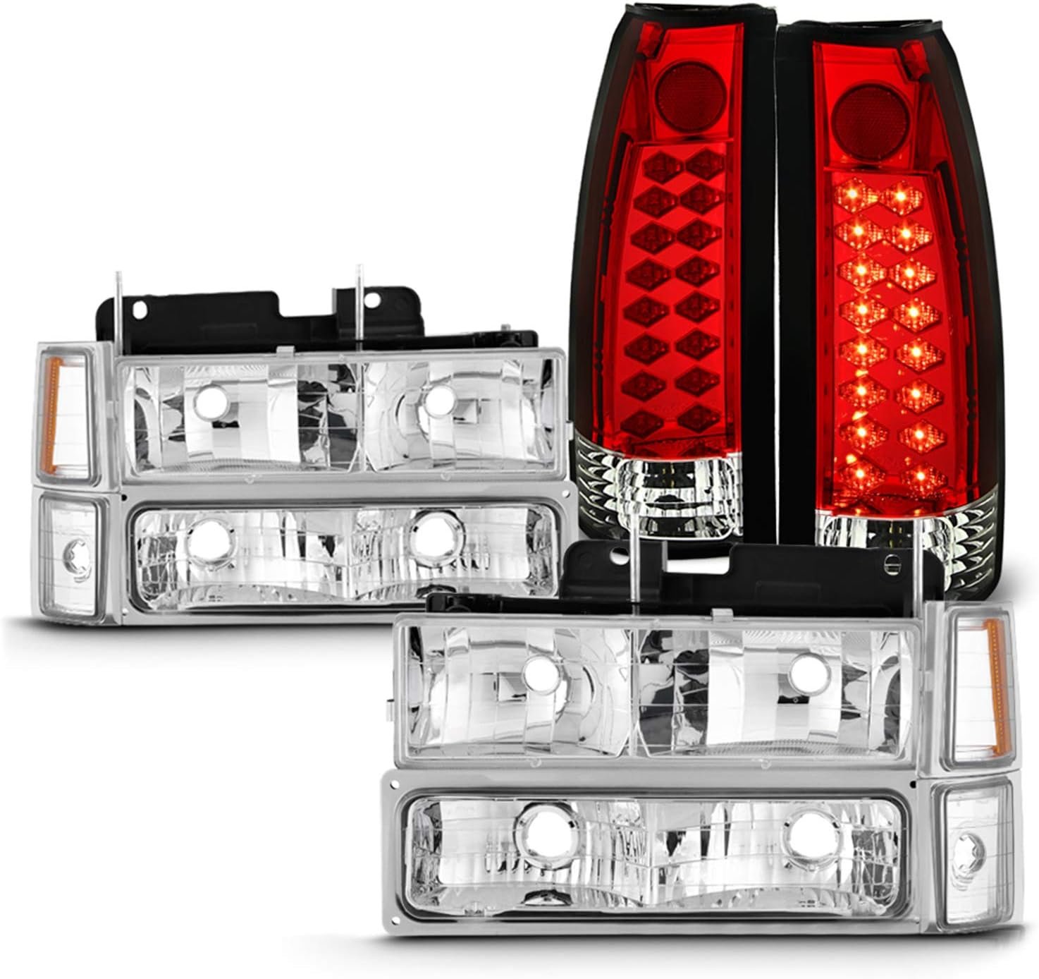 - Fits 1994-1998 C/K 1500 2500 3500 Chrome Headlights + Corner + Signal Lamp + LED Red Tail Lights Pair