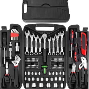 95 Piece Tool Set, Tool Kit, Mechanics Tool Set, Portable Toolbox with Adjustable Wrench Pliers Socket Bits, with Plastic Toolbox, for House Apartment Garage (Red)
