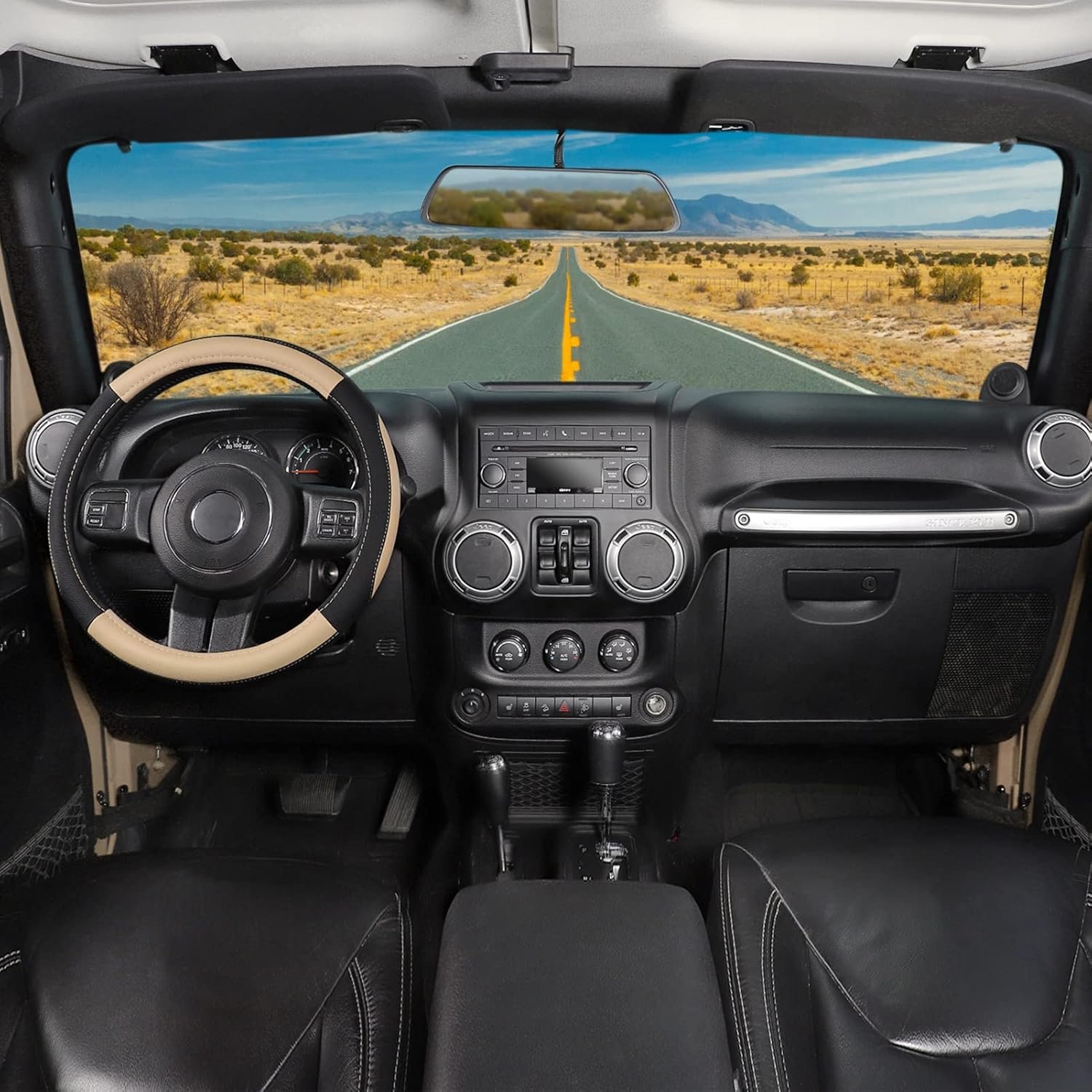 Black and Beige Microfiber Leather Steering Wheel Cover 15.5" - 16" - Image 2