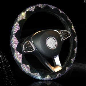 Sparkly Diamond Bling Steering Wheel Cover for Women Rhinestone, 14.5-15 inch Colorful Crystal Velvet Anti-Slip Wheel Protector Cute Girl Car Accessories Fuzzy, Black