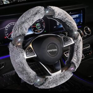 Diamond Fluffy Microfiber Plush Steering Wheel Cover with Bling Bling Crystal Rhinestones for Winter Warm, Universal 15 inch Fuzzy Steering Wheel Cover,Gray
