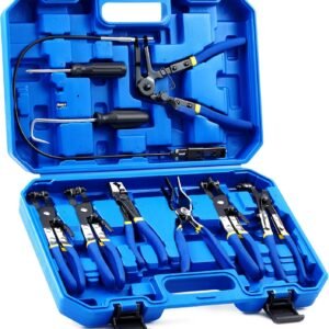 9pcs Hose Clamp Pliers for Fuel Oil & Water Hoses, Automotive Long Reach Hose Clamp Remover Kit with Flexible  Type Swivel Jaw Flat Band Pliers Case, Blue