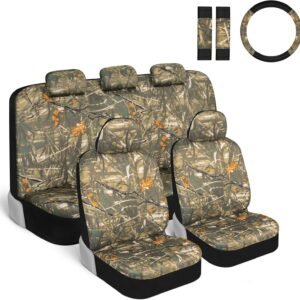 Car Seat Covers Full Set with Steering Wheel Cover and Seat Belt Pads – Real Mossy Tree Oak Forest Camouflage Pattern, Automotive Front & Bench Back Seat Cover for Cars Trucks SUV