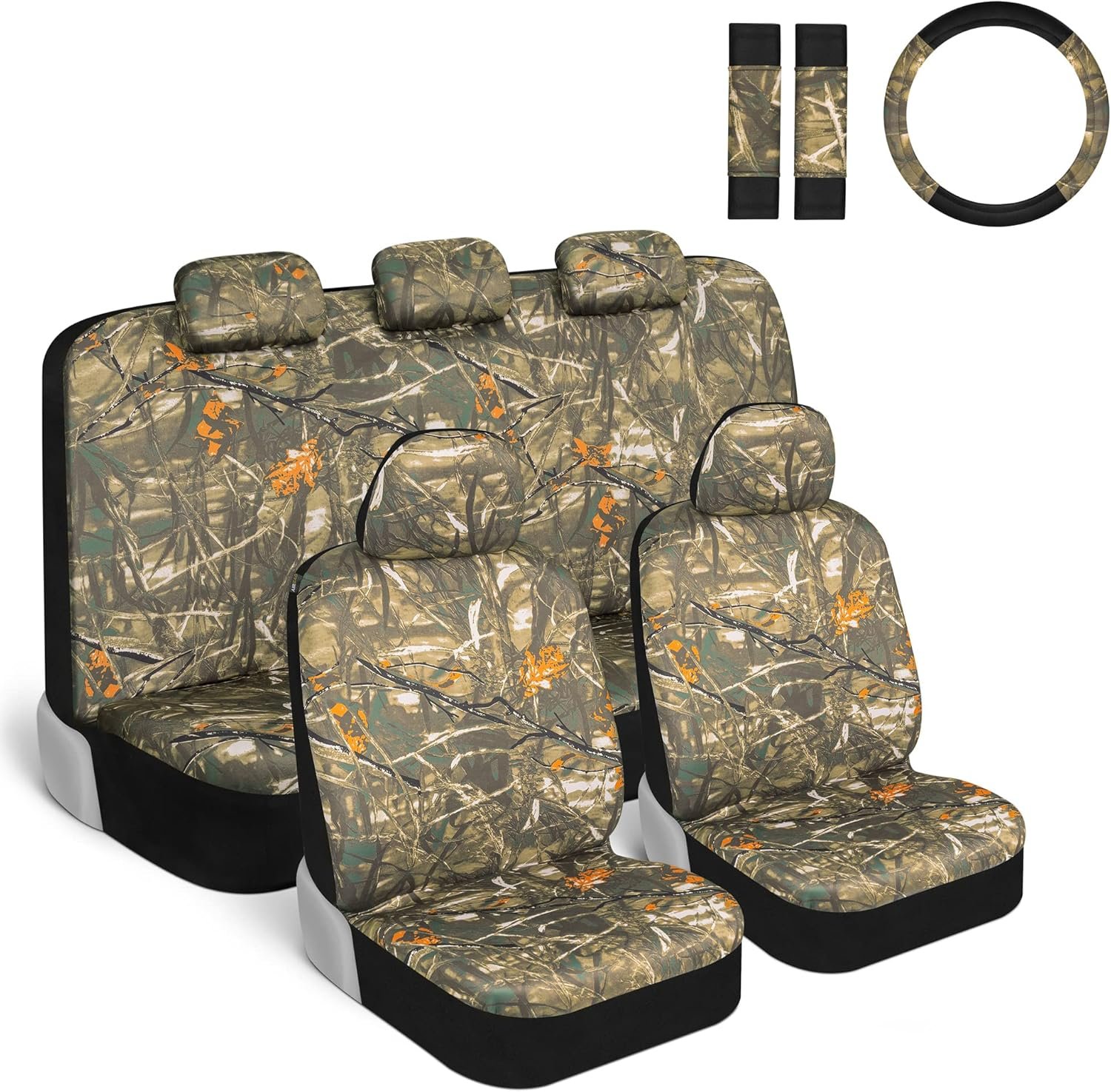 Car Seat Covers Full Set with Steering Wheel Cover and Seat Belt Pads – Real Mossy Tree Oak Forest Camouflage Pattern, Automotive Front & Bench Back Seat Cover for Cars Trucks SUV