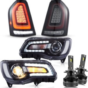 LED Headlights & Tail Lights & 9005 LED Bulbs For Dual Beam jector Front Lamps Assembly, Red & Smoked Lens Taillight