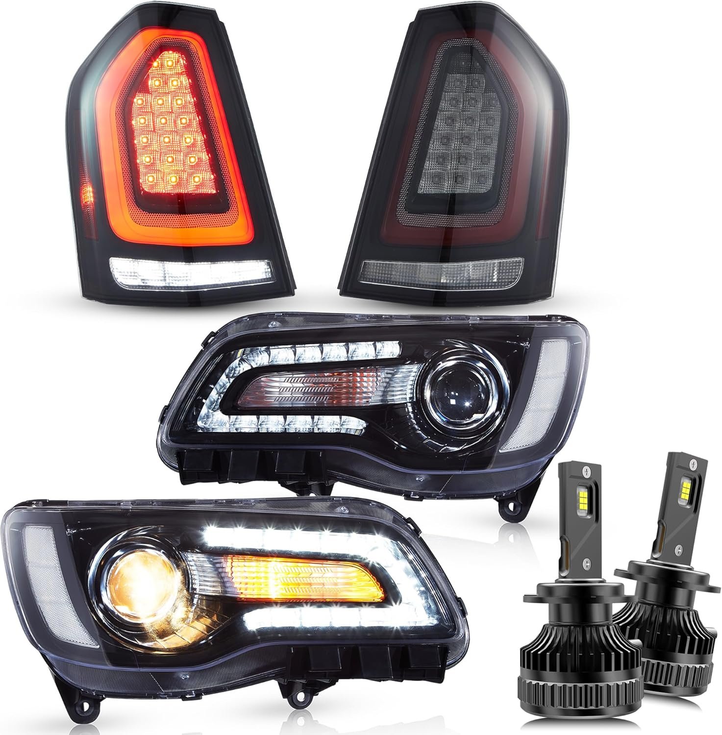LED Headlights & Tail Lights & 9005 LED Bulbs For Dual Beam jector Front Lamps Assembly, Red & Smoked Lens Taillight