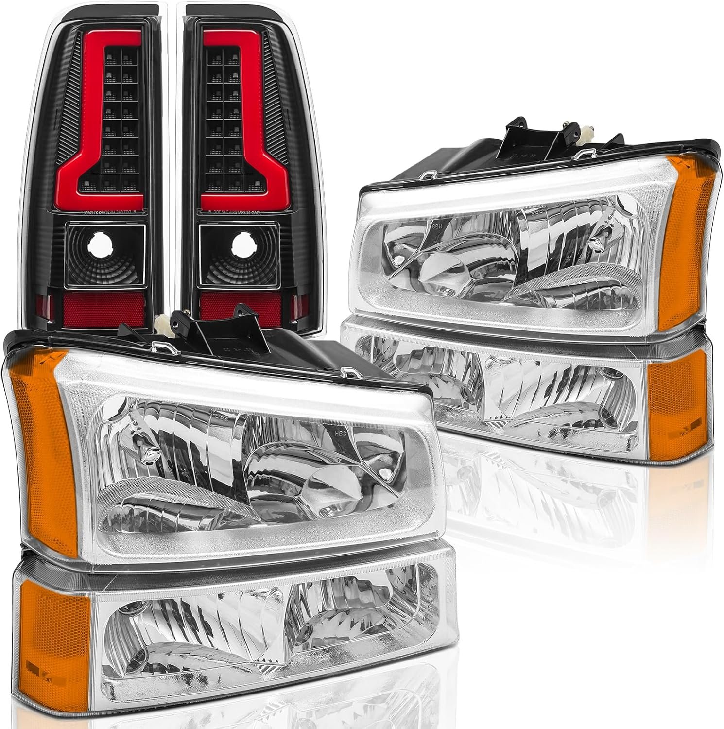 Headlights & LED Taillights Combo Kit for 2003-2006 1500 2500 3500 & 2007 Classic Replacement Head/Black Rear Brake Tail Lights Lamps Assembly (LH RH Full Set),Chrome