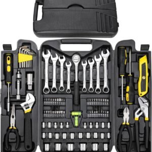 95 Piece Tool Set, Tool Kit, Mechanics Tool Set, Portable Toolbox with Adjustable Wrench Pliers Socket Bits, with Plastic Toolbox Storage Case, for House Apartment Garage (Yellow)